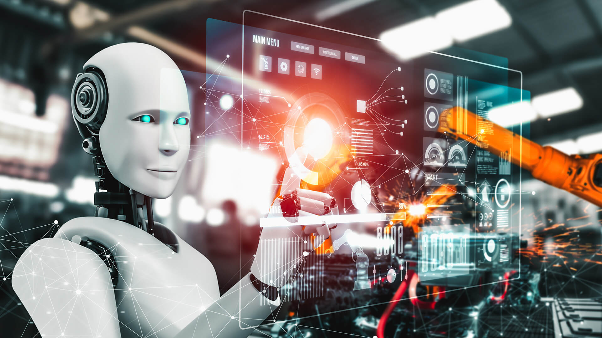 Robô com a mão direita apontando para uma tela virtual de dados.