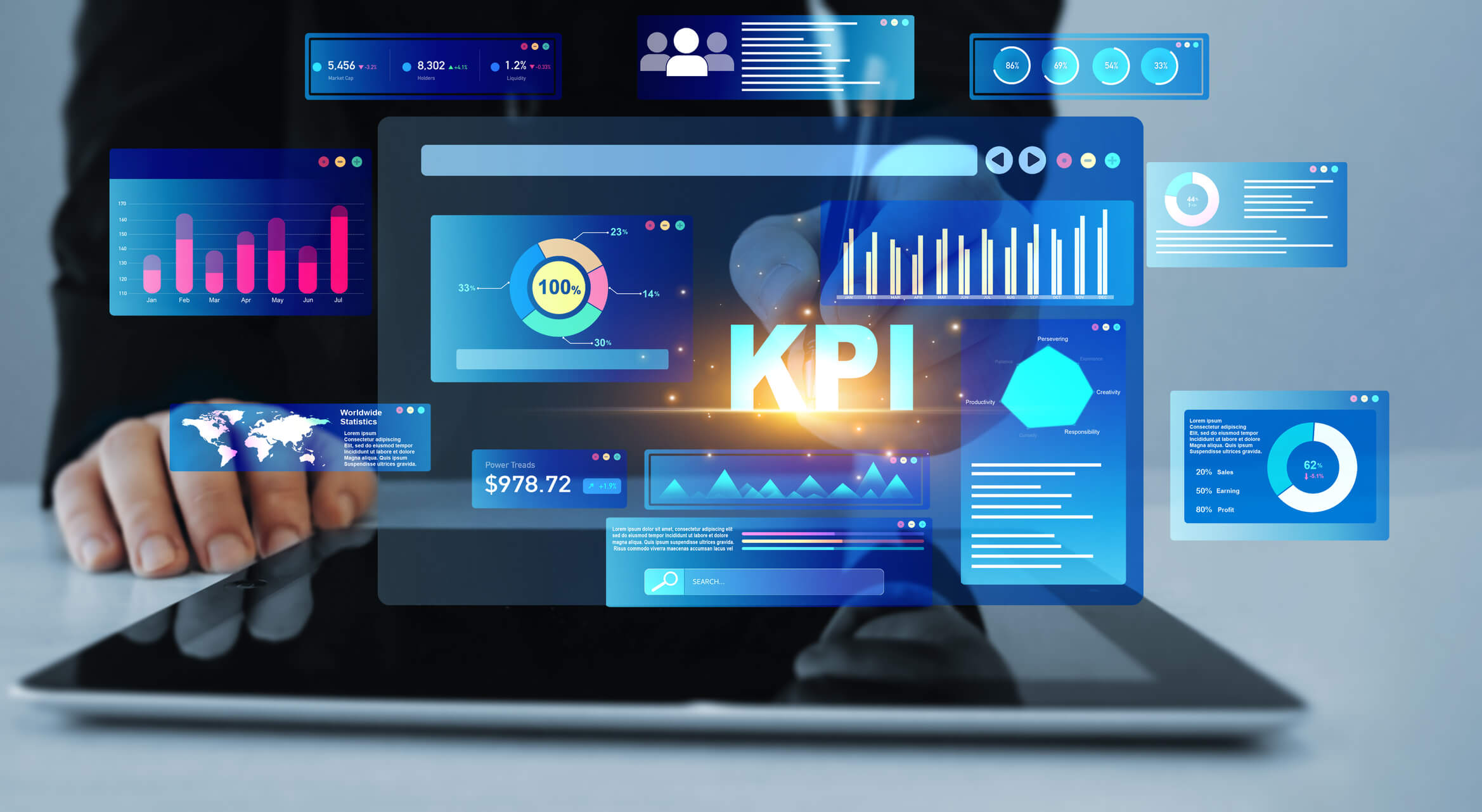 Profissional com a mão em frente a um tablet. Há um painel virtual com ícones relacionados à KPI:  gráficos de desempenho e dados financeiros.