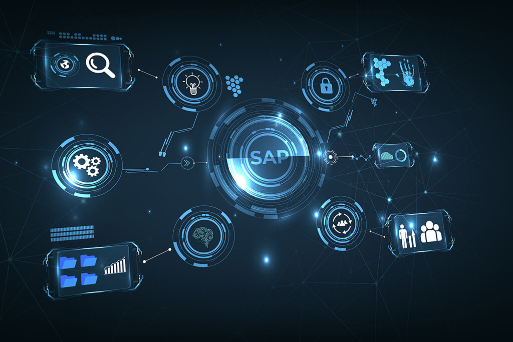 Interface digital com logo da SAP ao centro, cercado por ícones de automação, Inteligência Artificial, segurança de dados e análise de processos.