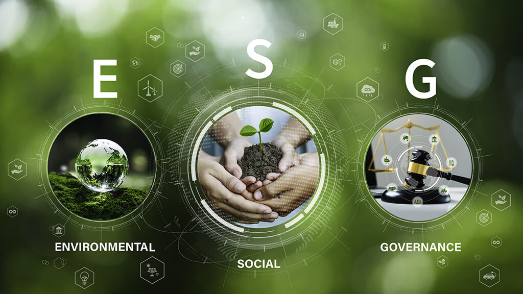  Ícones com o significado da sigla ESG: Environmental, Social, Governance.
