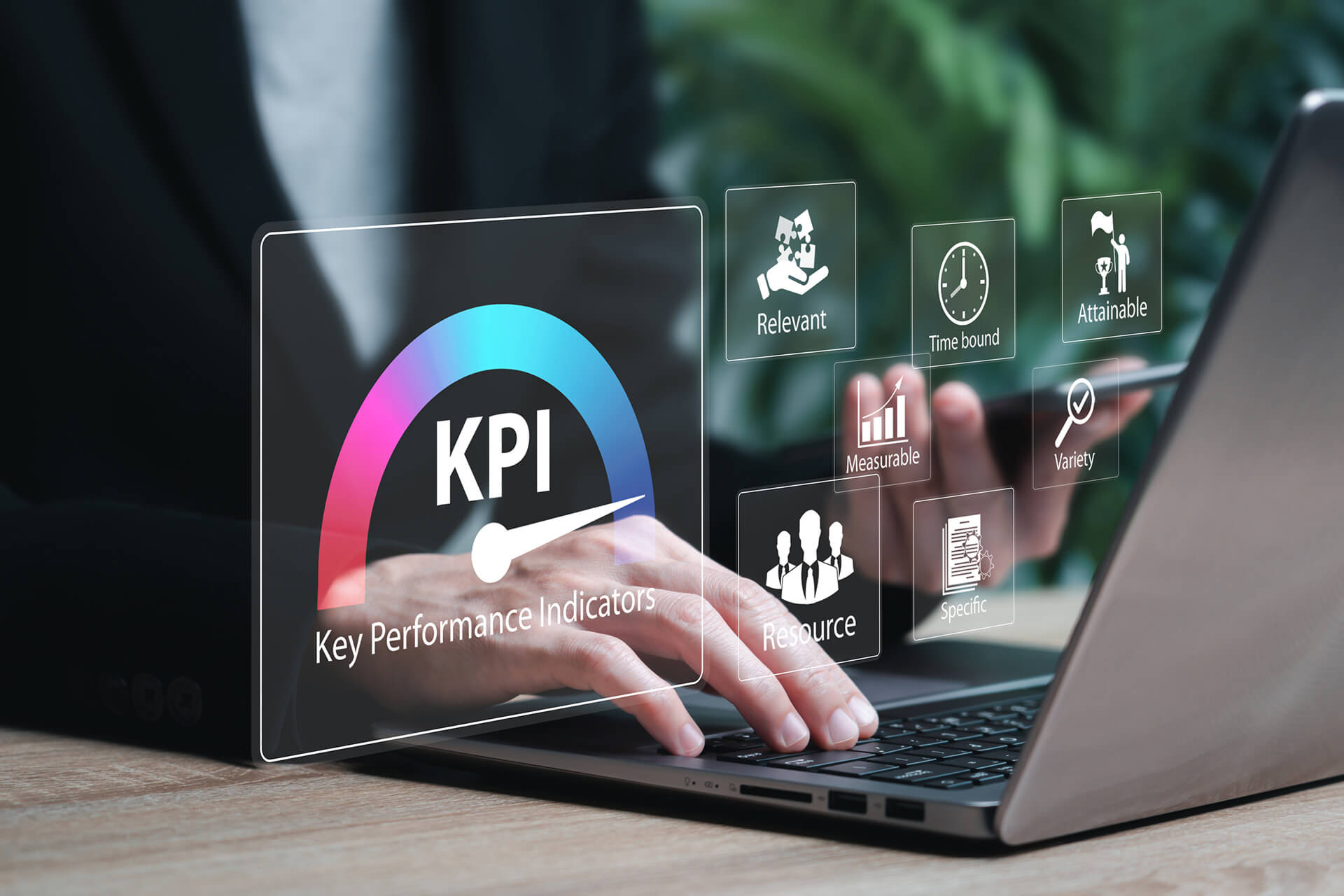 Profissional segurando um telefone na mão esquerda e digitando no notebook com a mão direita. Em frente ao notebook, há uma tela digital com ícones relacionados a KPI.