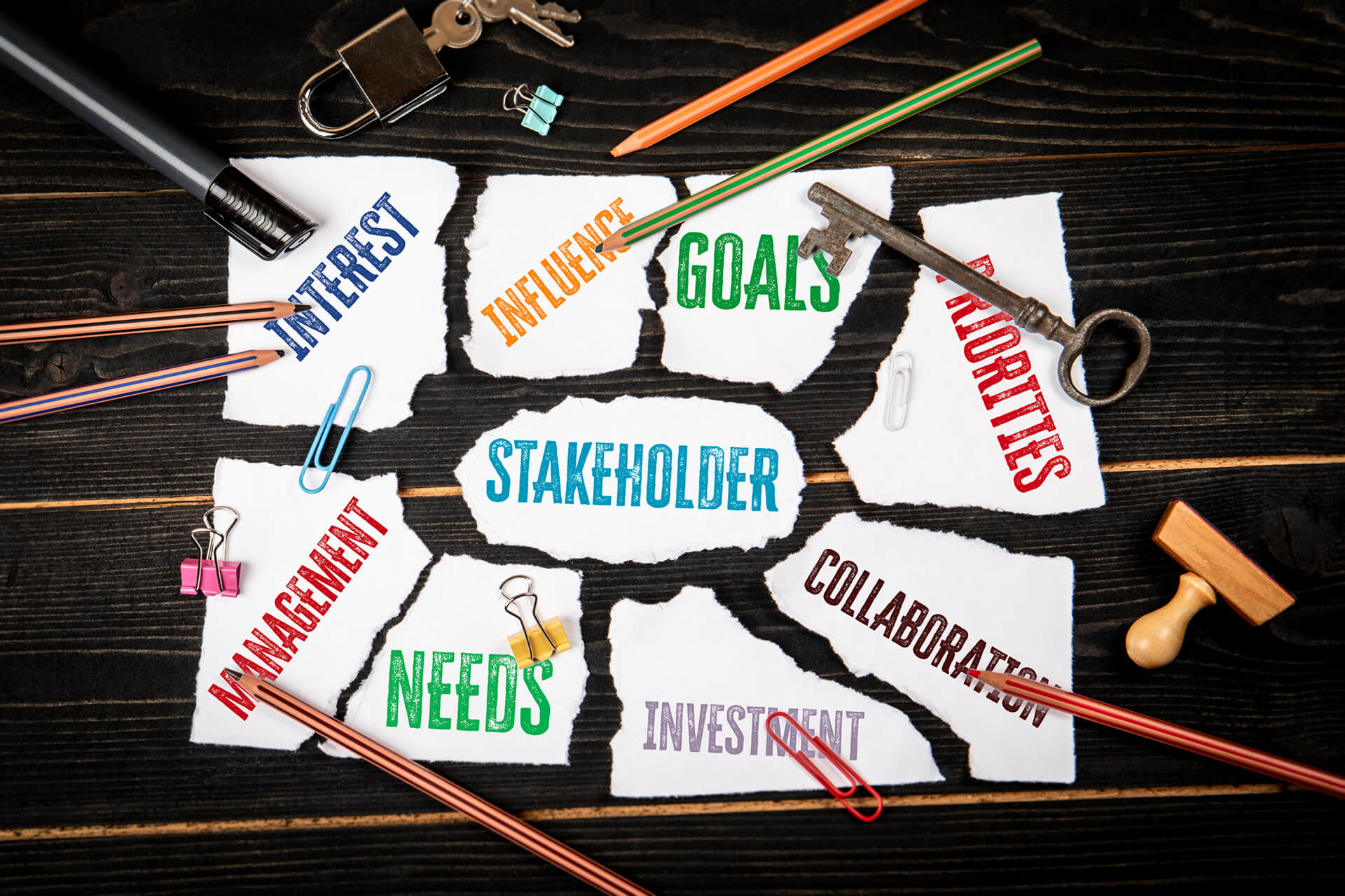 Recortes de papel com palavras de gestão de stakeholders, representando o planejamento estratégico de um projeto.
